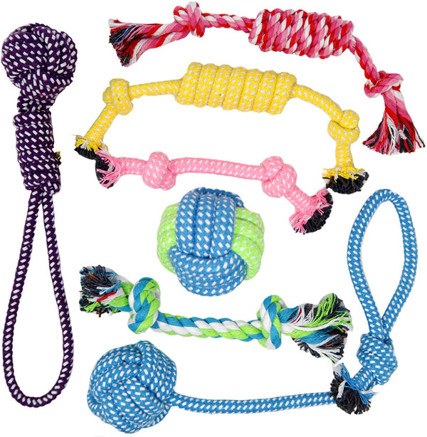 Dog Toys for Aggressive Chewers – 7 Small Breed and Puppy Teething Chew Toys Made of All-Natural Cotton – Gentle Dog Rope Toy Set Stimulates Gums, Helps Fight Plaque, Relieves Boredom and Anxiety
